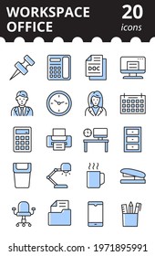 Office workspace icons set. Collection outline symbols. Simple vector illustration in color.