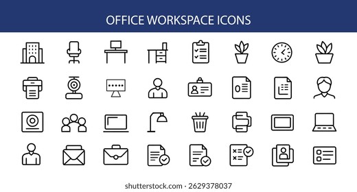 Office Workspace Icons Set – Office Tools, Desks, Computers.