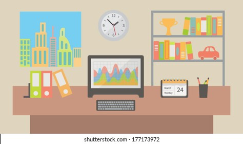 Office workspace interior, flat vector illustration.