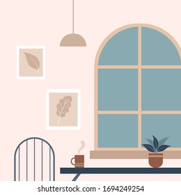 Office workspace interior, workspace in the home, work desk in front of the window vector, work from home, work at home, stay at home