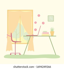 Office workspace interior, workspace in the home, work desk in front of the window vector, work from home, work at home, stay at home