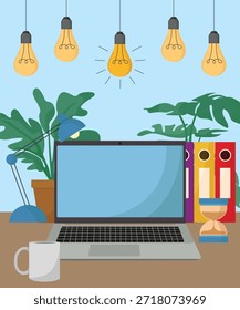 Espaço de trabalho de escritório com lâmpada, laptop, pastas, lâmpada, ampulheta, caneca de café e planta para conceito moderno de sala de produtividade