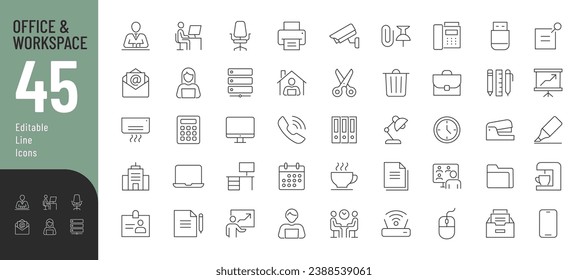 Office and Workspace Line Editable Icons set. Vector illustration in thin line modern style of business related icons: office tools, remote working, meeting, workspace, and more. Isolated on white
