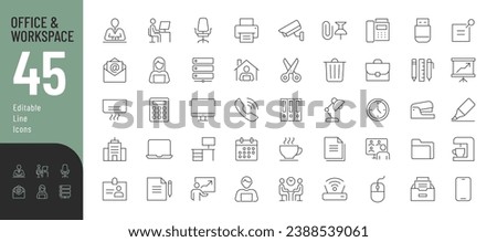 Office and Workspace Line Editable Icons set. Vector illustration in thin line modern style of business related icons: office tools, remote working, meeting, workspace, and more. Isolated on white
