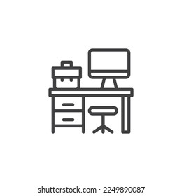 Office workspace line icon. linear style sign for mobile concept and web design. Workspace with desktop computer outline vector icon. Symbol, logo illustration. Vector graphics