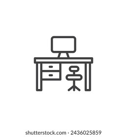 Office Workspace line icon. linear style sign for mobile concept and web design. Office desk, chair, computer outline vector icon. Symbol, logo illustration. Vector graphics