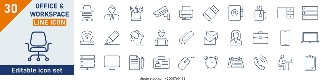 Office and Workspace line icon set. Set of 30 outline icons related to office tools, remote working, meeting, workspace. Linear icon collection. Office and Workspace outline icons collection.