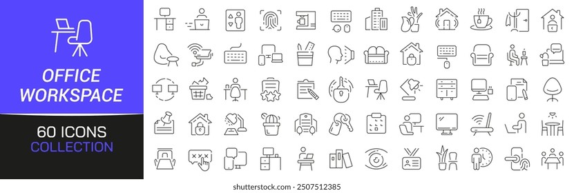 Office and workspace line icons collection. Thin outline icons pack. UI icon collection. Set of line web pictogram