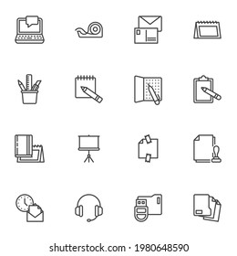 Office workspace line icons set, outline vector symbol collection, linear style pictogram pack. Signs, logo illustration. Set includes icons as office equipment, laptop computer, calendar, notepaper