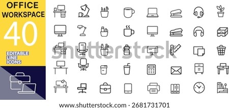 Office workspace line icons set for business and technology illustrations