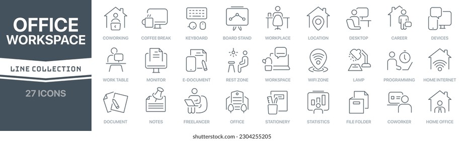 Office and workspace linear signed icon collection. Signed thin line icons collection. Set of office and workspace simple outline icons