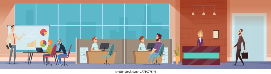 Office workspace. Managers business people working at computers modern startup project vector persons at office room vector cartoon background