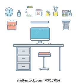 Office workspace objects in linear style for design - make you workplace vector
