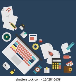 Office workspace for officer, creator, designer with supplies and elements in flat design vector illustration