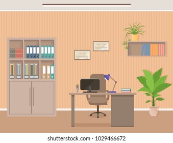 Office workspace organization. Business interior design with furniture including desk, armchair and laptop Workplace without employee. Flat vector illustration.
