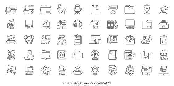 Office workspace outline icon set with editable stroke for modern design needs