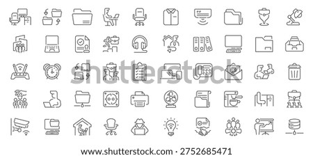 Office workspace outline icon set with editable stroke for modern design needs