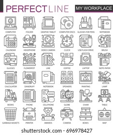 Office workspace outline mini concept symbols. Modern stroke linear style illustrations set. My workplace perfect thin line icons.