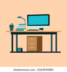 Office workspace with PC in vector format. the workspace of an artist.
