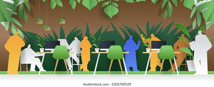 Office workspace with people silhouettes tropical plants modern desks and chairs vibrant colors paper cut style