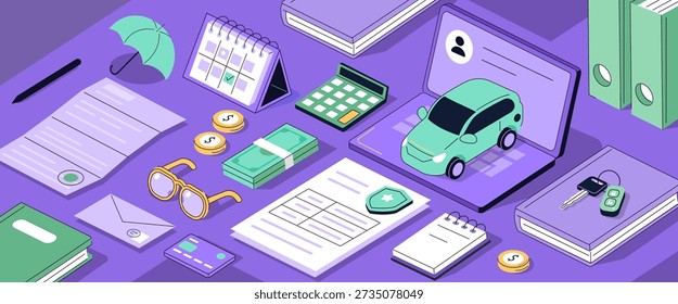 Office workspace with policy certificate, terms, coverage, other legal documents for insurer and policyholder. Car insurance concept. Vector isometric background illustration.