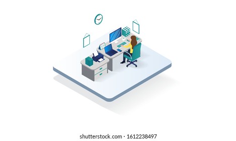  office workspace room isometric illustration, workplace condition in 3d isometric illustration