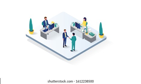  office workspace room isometric illustration, workplace condition in 3d isometric illustration