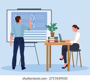 A cena do espaço de trabalho do escritório mostra o trabalho em equipe no notebook com elementos empresariais e financeiros em um plano de fundo azul para a produtividade corporativa moderna