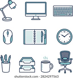 Office and workspace set featuring a desk lamp, computer monitor, keyboard, mouse, notebook, wall clock, pen holder, file trays, and chair