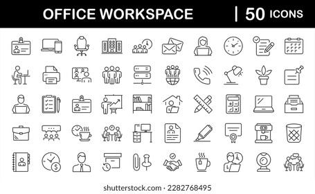 Office workspace set of web icons in line style. Office and coworking icons for web and mobile app. Office, remote working, meeting, co-worker, workspace, desk, computer, business icons and more