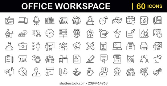 Office-Arbeitsbereich Set von Web-Symbolen in Linie Stil. Büro- und Kooperationssymbole für Web- und Mobile-App. Büro, Fernbedienung, Besprechung, Mitarbeiter, Arbeitsplatz, Schreibtisch, Computer, Unternehmenssymbole und mehr