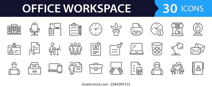 Office workspace set of web icons in line style. Office and coworking icons for web and mobile app. Office, remote working, meeting, co-worker, workspace, desk, computer, business icons and more