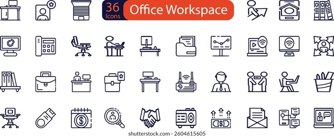 Office workspace set of web icons in line style. Office and coworking icons for web and mobile app. Office, remote working, meeting, co-worker, workspace, desk, computer, business icons and more