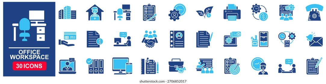 Conjunto de iconos web de espacio de trabajo de oficina en estilo azul Plano. concepto de Ilustración vectorial relacionado con el lugar de trabajo, negocios, mesa, esquema, horario, reunión