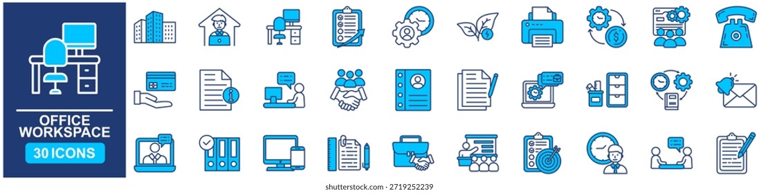 Office workspace set of web icons in Blue style Flat. vector illustration concept relate to workplace, business, table, outline, schedule, meeting