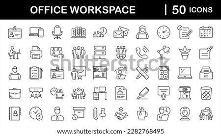 Office workspace set of web icons in line style. Office and coworking icons for web and mobile app. Office, remote working, meeting, co-worker, workspace, desk, computer, business icons and more