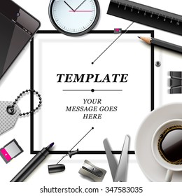 Office workspace with office supplies and coffee cup, view from above with copy space, vector illustration.