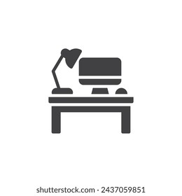 Icono de vector de espacio de trabajo de oficina. signo plano relleno para concepto móvil y diseño web. Escritorio de oficina con el icono de glifo de la computadora y la lámpara. Símbolo, ilustración del logotipo. Gráficos vectoriales