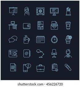 office workspace vector icons on a black background for your design