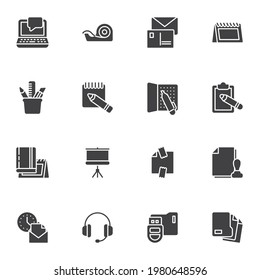 Office-Arbeitsbereich Vektorsymbole Set, moderne solide Symbolsammlung, gefülltes Piktogramm-Paket im Stil. Zeichen, Logo-Illustration. Set enthält Symbole wie Büroausstattung, Laptop-Computer, Kalender, Notebook