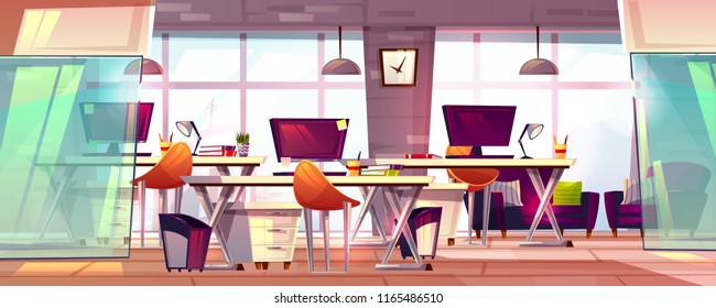 Office Workspace Vector Illustration Or Coworking Business Open Workplace Interior. Cartoon Modern Furniture With Computer Tables, Chairs And Stationery, Empty Loft Meeting Room With Glass Windows