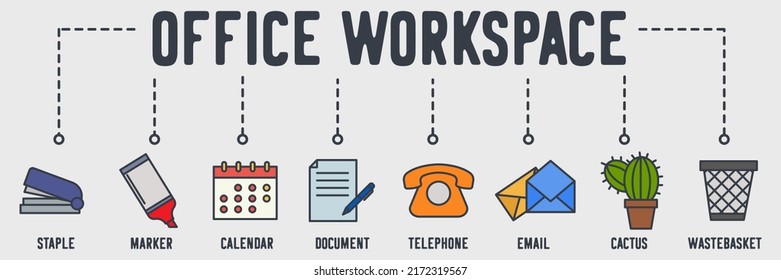 Office workspace web icon. staple, marker, calendar, document, telephone, email, cactus, waste basket vector illustration concept.