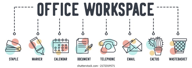 Office workspace web icon. staple, marker, calendar, document, telephone, email, cactus, waste basket vector illustration concept.