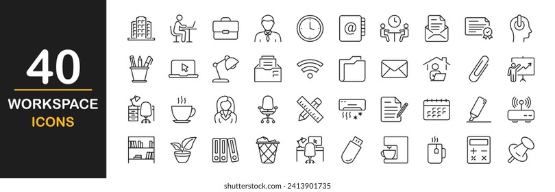 Conjunto de iconos web del área de trabajo de Office. Espacio de trabajo y coworking - colección de iconos de línea delgada simple. Contiene dispositivos, herramientas, escritorio, gestor de computadoras, reunión, compañero de trabajo y más. Conjunto simple de iconos web