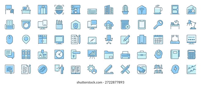 Websymbole in Office-Arbeitsbereich im Zeilendesign festgelegt. Duotone Piktogramm Paket von Schreibtisch, Computer, Mitarbeiter, Aufzug, Fingerscanner, Tastatur, Stuhl, Schreibwaren, mehr Umriss Strichzeichen. Vektorgrafik.