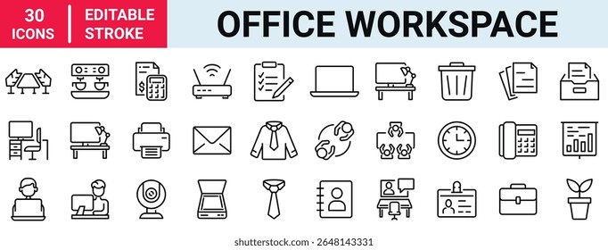 Office workspace web line icons. Office and coworking icons for web and mobile app. Office, remote working, meeting, co-worker, workspace, desk, computer, business icons and more