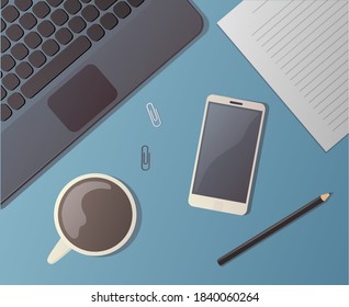 Office workspace. Work and study. Vector illustration. The view from the top. Phone, laptop, coffee, clips and pencil.