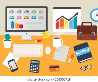 Office, workspace and workplace of a businessman. Flat design style modern vector illustration for web