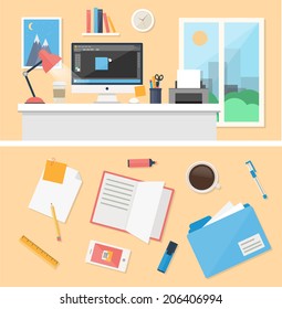 Office, workspace and workplace concepts for web, management, infographic, development, design. Flat design style modern vector illustration.