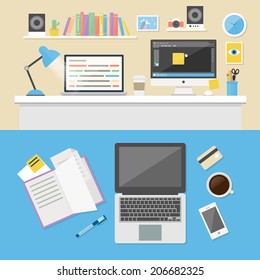 Office, workspace and workplace concepts for web, management, infographic, development, design. Flat design style modern vector illustration.